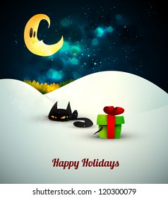 Kitten playing with gift box alone in the snow under moonlight | Layered EPS10 Vector Background