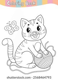 A kitten plays with a ball of thread. Butterfly. Coloring book. Coloring page. Vector illustration.