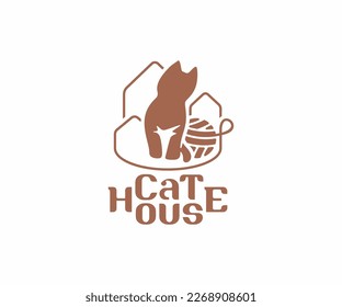 Kitten plays with a ball of thread graphic design. Pet sitting at cat house vector design. Animal care and veterinary clinic logo design