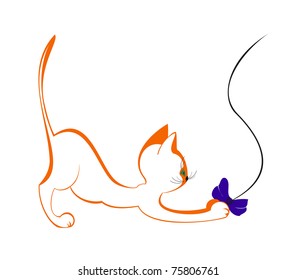 The kitten plays with a bow.