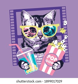 Kitten with popcorn and tea in 3d glasses. Vector illustration.