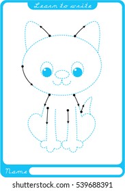 Kitten. Preschool worksheet for practicing fine motor skills - tracing dashed lines.   Illustration and vector outline - A4 paper ready to print.