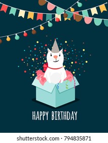 Kitten present box. White cat gift vector illustration elegant happy birthday card