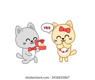 Kitten is proposing marriage. She said Yes. Valentine day card. Cartoon, kawaii, vector eps 10