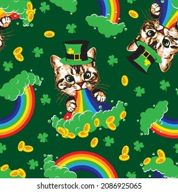 Kitten pukes rainbow seamless pattern. St Patrick's day vector illustration.