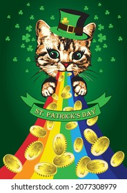 Kitten pukes rainbow with slogan St Patrick's day. Vector invitation.