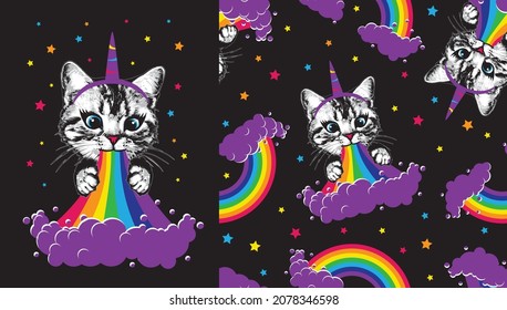 Kitten Pukes Rainbow  With Unicorn Horn And Stars. Seamless Pattern.