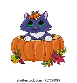 kitten in a pumpkin childlike halloween illustration