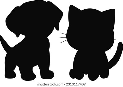 kitten and puppy cartoon silhouette on white background, vector