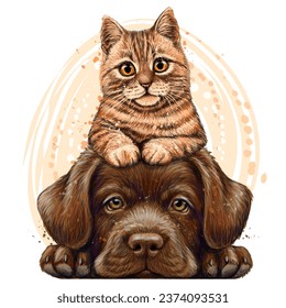 A kitten and a puppy. Color, graphic portrait of a British breed kitten and a Labrador puppy in watercolor style on a white background. Digital vector graphics.