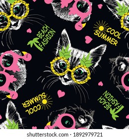Kitten and puppy faces with glasses with pineapple and pink flamingo. Beach fashion and cool summer slogan. Vector illustration.