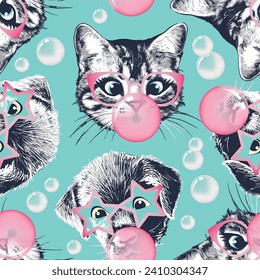 Kitten and puppy heads with bubble gum and pink sunglasses. Seamless pattern. Vector illustration.