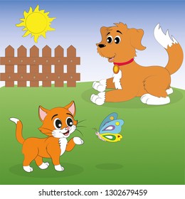 Kitten and puppy playing in the sun. Vector Cat and Dog