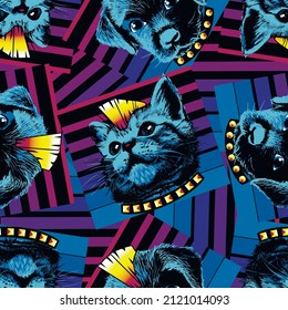 Kitten and puppy with a punk mohawk and stripes. Seamless pattern. Vector illustration.