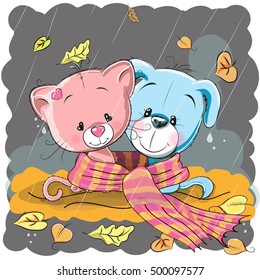 Kitten and Puppy in a scarf sitting in the rain