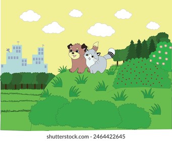 kitten and puppy standing on a hill
