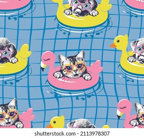 Kitten and puppy in sunglasses floats in pool on pink flamingo and yellow duck rubber ring. Seamless pattern. Vector illustration.