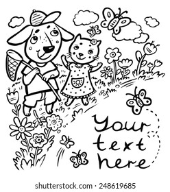kitten and puppy walking among the flowers in the summer. Black-and-white picture