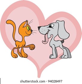 Kitten and puppy, who want to be friends, vector