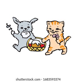 The kitten and the rabbit carry a basket with Easter cake and red eggs. Vector illustration in cartoon style. Isolated on a white background.