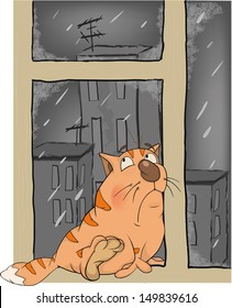 A kitten in the rain in the autumn. Cartoon