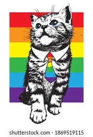 Kitten with rainbow background and lgbt tie. Hand drawn sketch. Vector illustration.