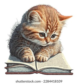 Kitten reading a book in white background