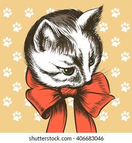 Kitten with red bow drawn in sketch style.