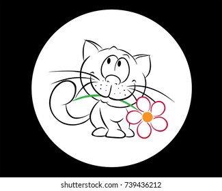 Kitten with a red flower in a round frame on a black background.