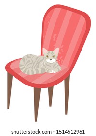 Kitten relaxing on soft pink armchair vector, isolated kitty on chair grey purring pet in home. Stool with fabric designed in vintage style pouffe