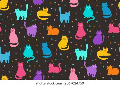 Kitten repeat wallpaper. Silhouette cats hand drawn childish seamless pattern. Funny cats in different poses endless design for paper print, fabric textile, wrapper backdrop template vector for kids