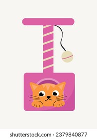 The kitten is resting in the cat tower. A cat tree with a scratching post, a toy and a house where the kitten sits. Pink animal house. Flat vector illustration