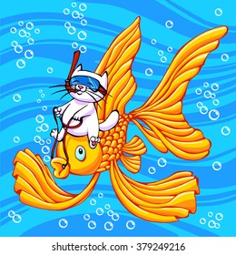kitten riding on fish