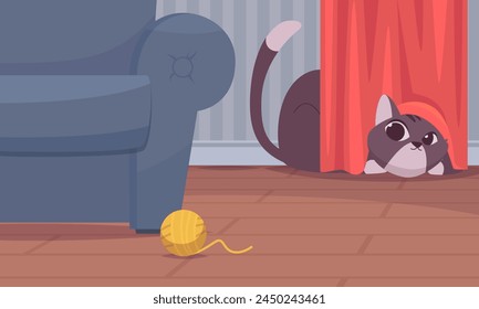 Kitten in room. Domestic cat hiding in interior space exact vector cartoon background with domestic pets in action poses