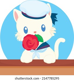 Kitten in Sailor Costume with a Red Rose