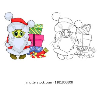 A kitten in Santa Claus costume. A lot of gifts. Vector illustration. Children's coloring pages