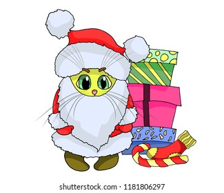 A kitten in Santa Claus costume. A lot of gifts. Vector illustration.