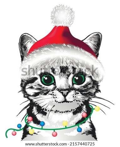 Kitten in Santa hat. Vector illustration. 