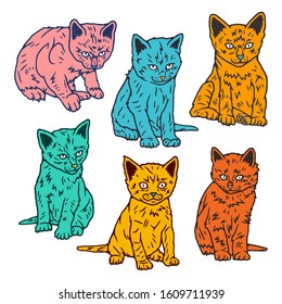 Kitten Set. Cat Set Hand Drawn. Kitten Set Hand Drawn on white background isolated. Stock Vector Illustration. Cartoon style.