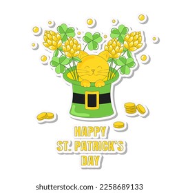 Kitten Sits in a Leprechaun Hat and Bouquets of Clover Sticker for Saint Patricks Day