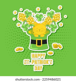 Kitten Sits in a Leprechaun Hat and Bouquets of Clover Card for Saint Patricks Day