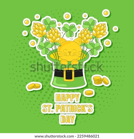 Kitten Sits in a Leprechaun Hat and Bouquets of Clover Card for Saint Patricks Day