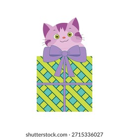 Um gatinho se senta de presente com um arco. Gatinho bonito, animal de estimação e caixa de presente. Ilustração isolada de vetor em um plano de fundo branco. Design plano para estampas de feriado, cartazes ou banners.
