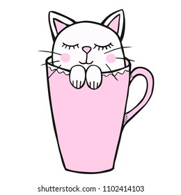 Kitten sits in tea cup.– stock illustration