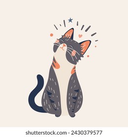 Kitten sitting and dreaming, cute illustration of cat with closed eyes isolated on white background. Vector illustration