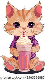 Kitten sitting drinking a milkshake