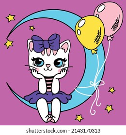 KITTEN SITTING ON THE MOON AND SOME BALLOONS TIED ON IT
