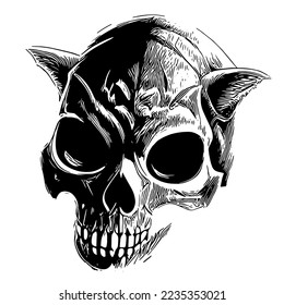 kitten skeleton black and white, hand drawn vector picture
