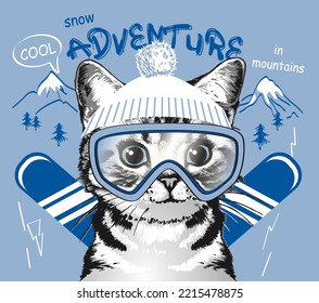 Kitten in ski goggles. Winter vector illustration.