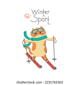 The kitten is skiing. Cartoon colorful  illustration of a happy funny ginger cat in a scarf on top of a mountain with alpine skis and sticks. Snow, winter illustration. Cat Ski Mountain.Vector.
